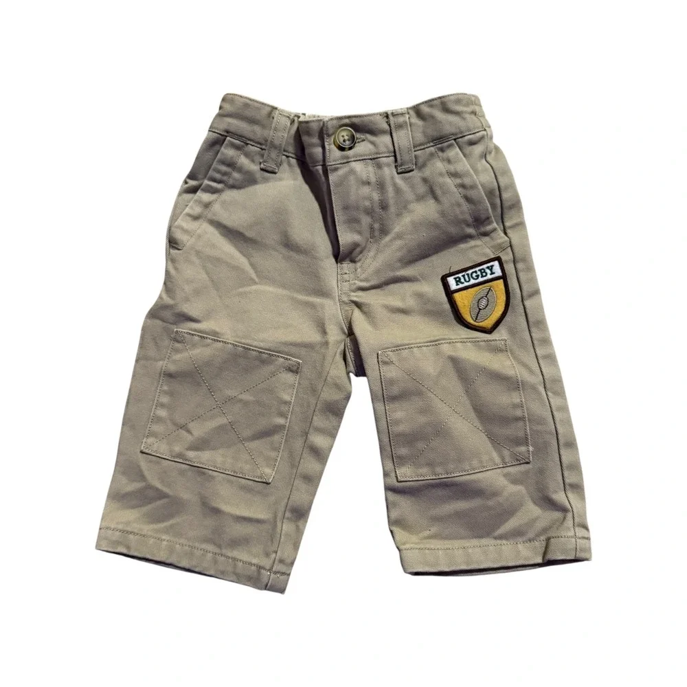 Janie and Jack Baby Boys Green Yellow Rugby Shirt and Khaki Pants Set 3-6 Months